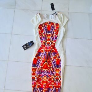 bebe Addiction Dress Bodycon Backzip White and Vibrant Multicolor Mini S